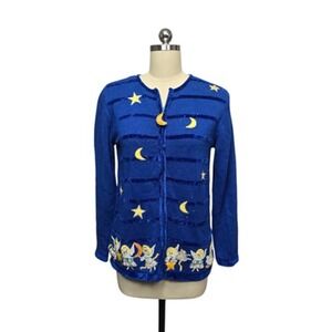 Quacker Factory Sweater Womens XS Blue‎ Zip Cardigan Angel Moon Sequin Beaded